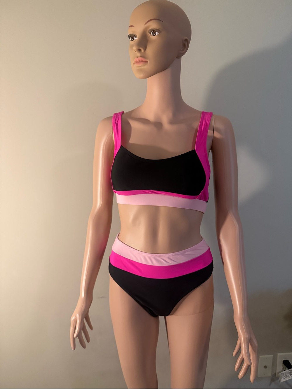 SHEIN Black with Hot Pink and Light Pink Colorblock Two-Piece Bikini